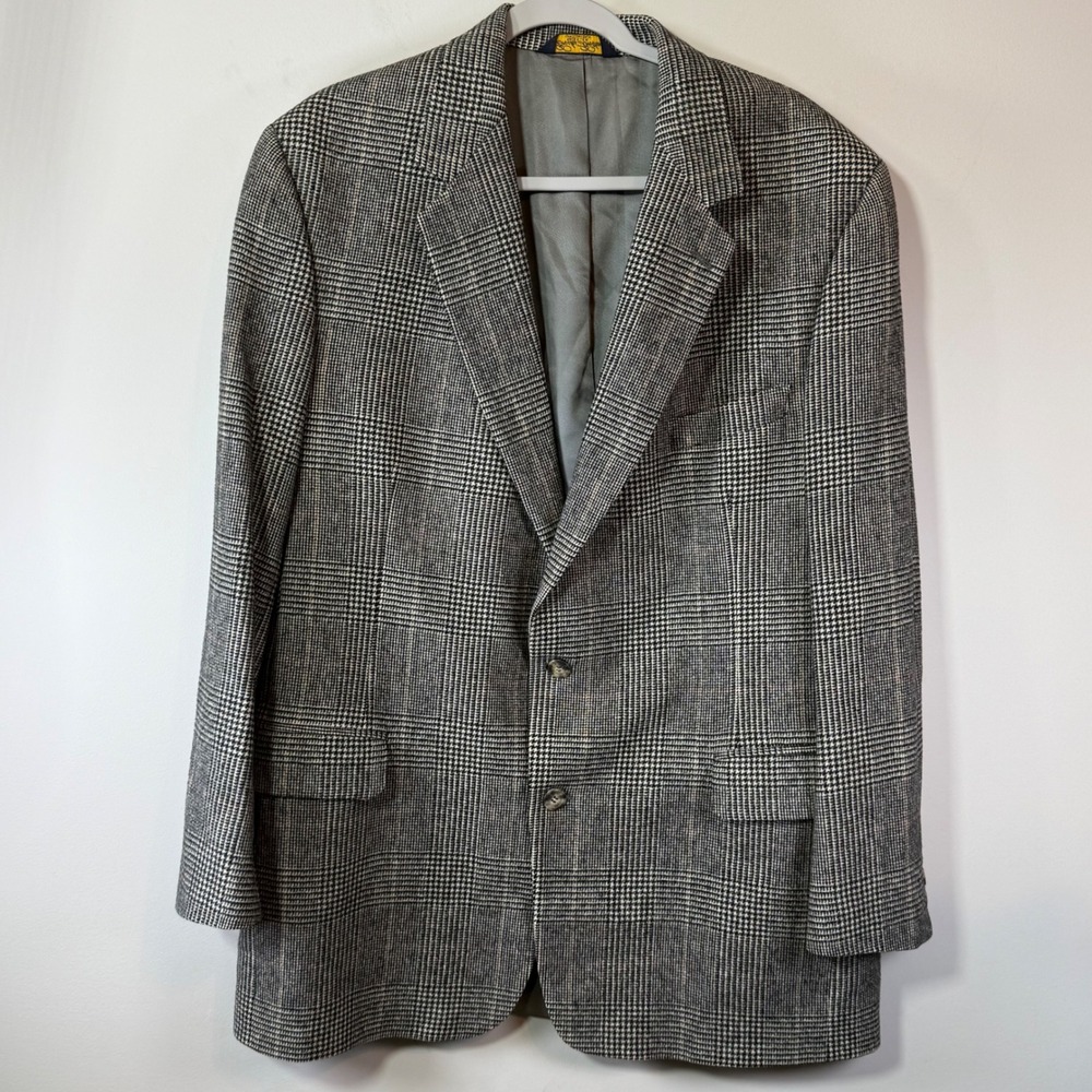 Excellent Brooks Brothers Blazer Mens 44L Grey Glen Plaid 100% Camel Hair USA